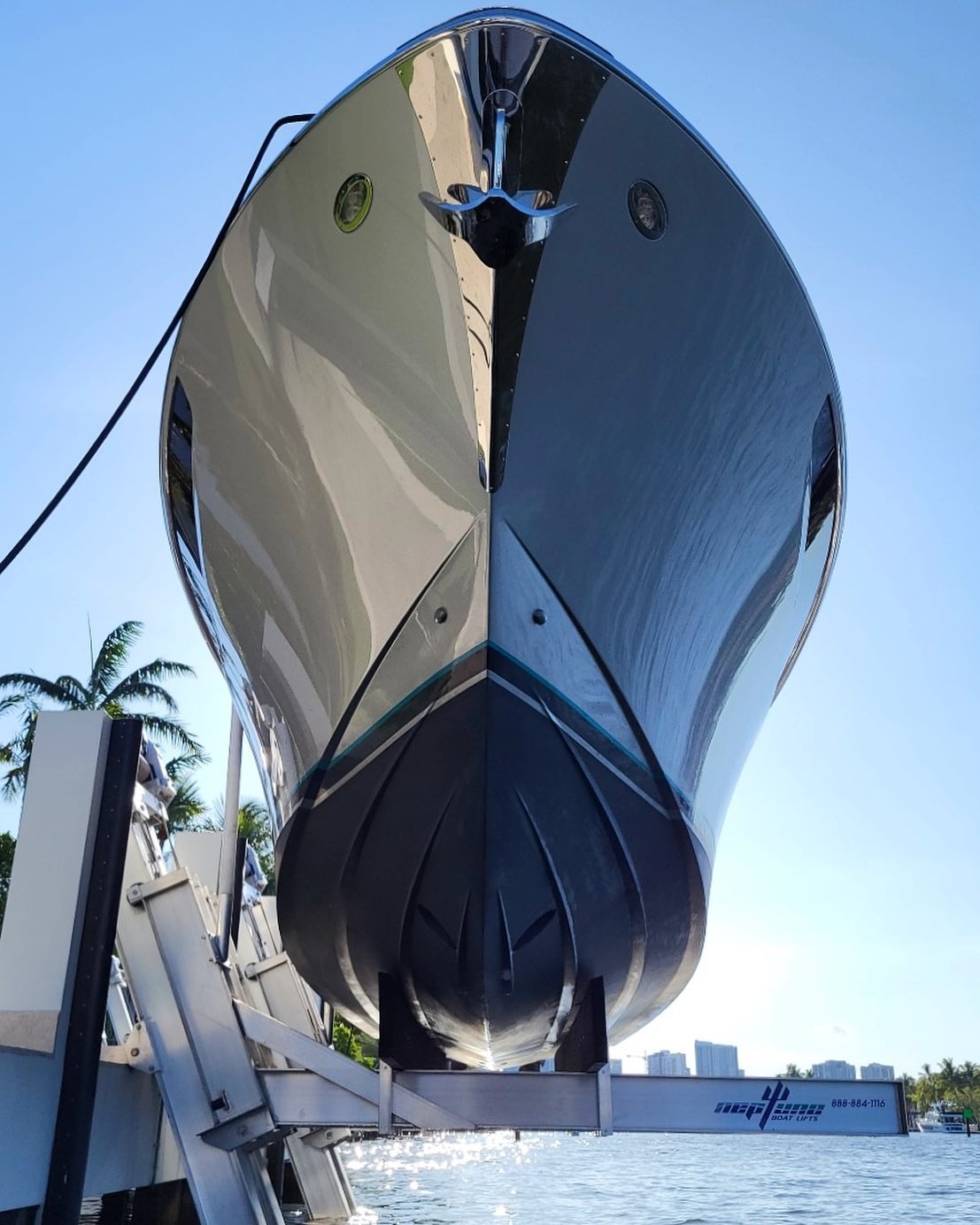 Underside of large boat on Neptune boat lift