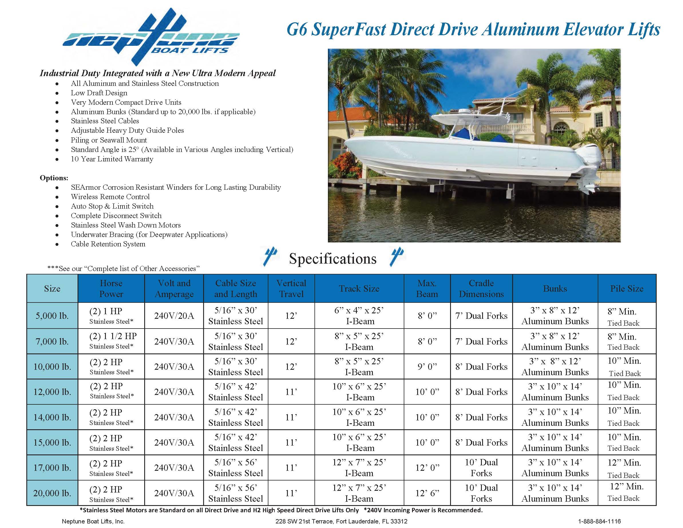 g6 super fast aluminum elevator boat lift specification chart