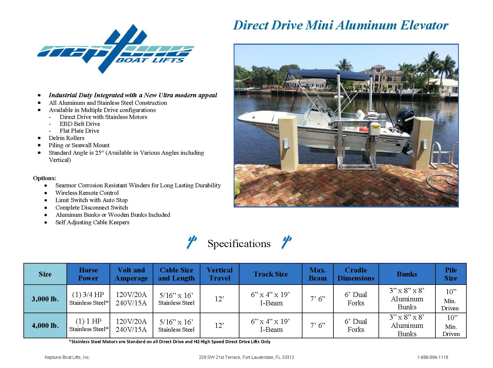 Direct drive mini aluminum elevator boat lift specification chart