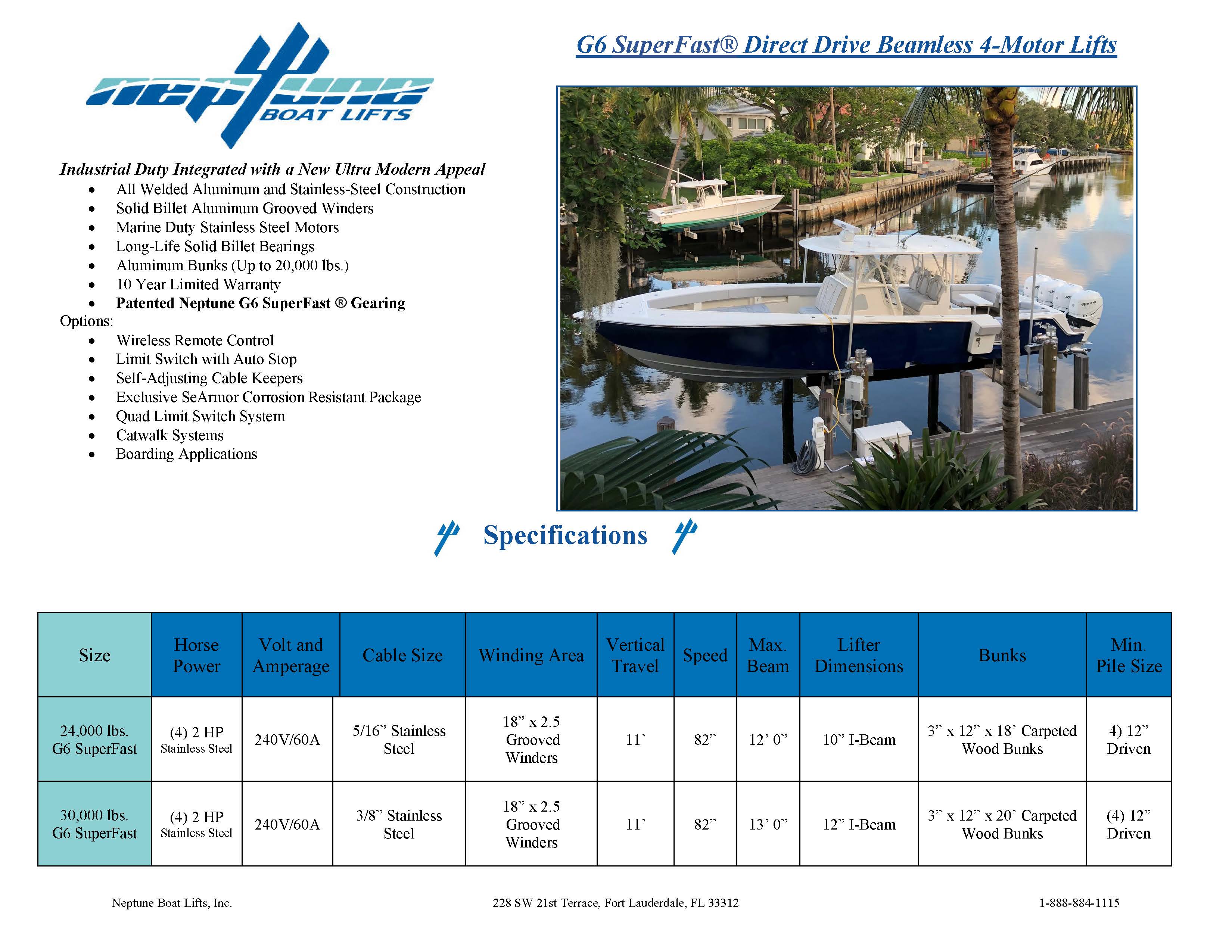 g6 super fast beamless four post boat lift specification chart
